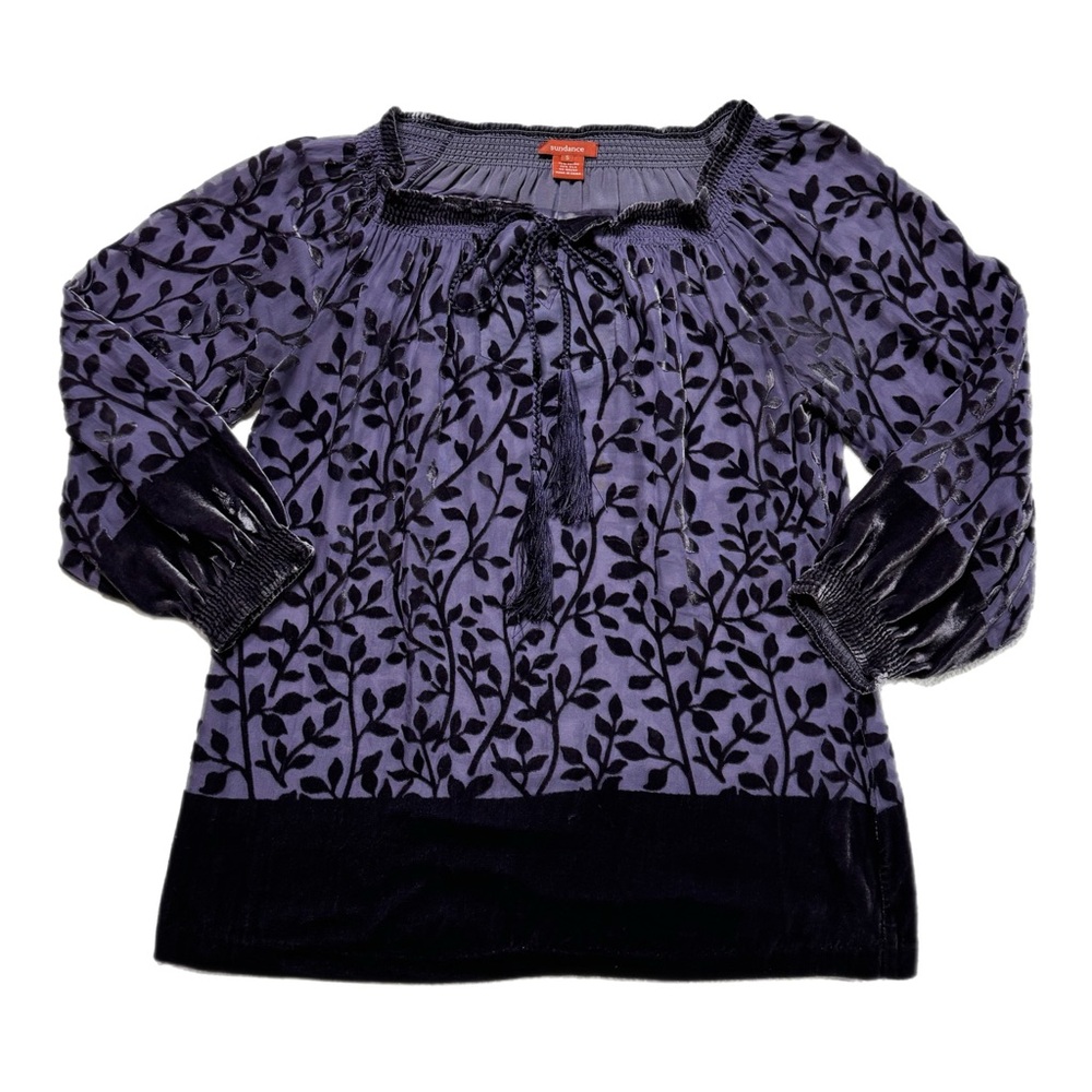 Sundance Burnout Velvet Leaf Purple Silk Blend Peasant Blouse Whimsy Top S - Picture 1 of 7